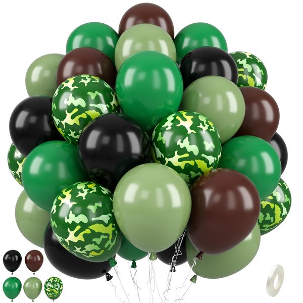 Paready Camo Balloons, 50 Pcs Green and Brown Balloons, Camouflage Army Balloon, 12 Inch Dark Sage Green Black Balloons Latex for Birthday Baby Shower Camping Woodland Hunting Jungle Party Decorations