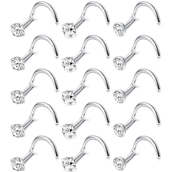 MILACOLATO Hypoallergenic Nose Rings 15Pcs 20G Surgical Stainless Steel Nose Ring Studs Screw Studs Rings Cubic Zirconia Nose Ring Labret Nose Piercing Jewelry for Women Men