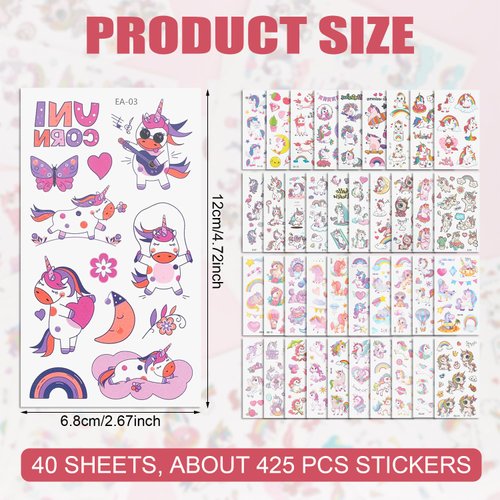 40 Sheets (About 425pcs) Temporary Tattoos, Waterproof Tattoos Cartoon Face Stickers for Girls Kids Birthday Party Favors Gifts