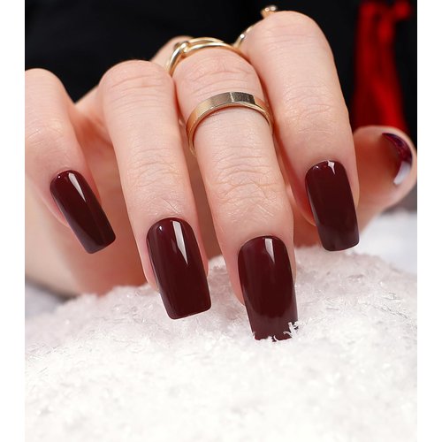 Press on Nails Medium Length- Morily Burgundy Fake Nails Square Shaped, Solid Color Glossy Squoval Stick on False Fingernails for Women - 24Pcs in 12 Sizes