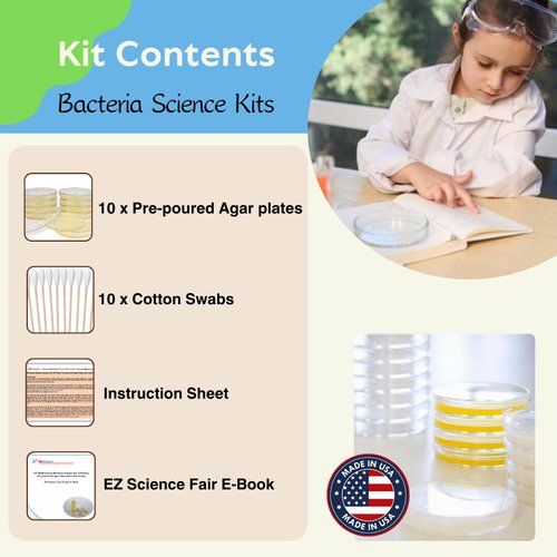 EZ BioResearch Bacteria Science Kit (IV) (Gift Pack): Prepoured LB-Agar Plates and Cotton Swabs. Exclusive Free Science Fair Project E-Book Packed with Award Winning Experiments. (IV Gift Pack)