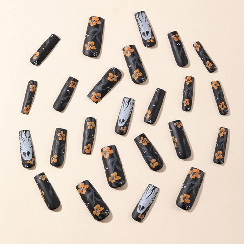 24 Pcs Halloween Spuare Press on Nails Long Coffin - SHANRUN Black Matte Fake Nails Press ons Nail Art Tips Glue on Nails Full Cover Acrylic False Nails with Ghost Design Stick on Nails for Women