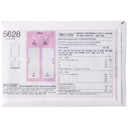 Simplicity UV5628OS 1970's Vintage Fashion Women's Caftan Sewing Pattern Kit, Code 5628, Sizes 8-40