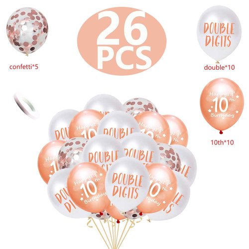 10th Birthday Balloon, Double Digits Happy 10th Birthday Latex Confetti Balloon Ribbons for 10th Girl Birthday Party Decorations 10 Year Old Birthday Supplies 12inch (Rose Gold)