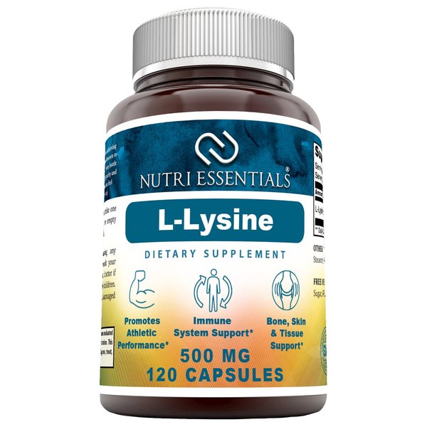 Nutri Essentials L-Lysine - 500mg Amino Acid Vitamin 120 Capsules - Commonly Used for Cold Sores, Immune Support, Respiratory Health & More