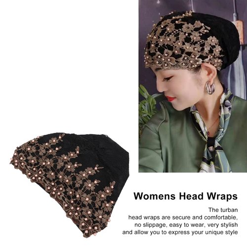 Fashion Hijabs for Women Muslim, Vintage Embroidered Muslim Turban Hat Soft Lace Material Beaded Fleece Hair Hat for Women Daily Use and Gift (black), Turban Head Wraps