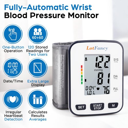 LotFancy Wrist Blood Pressure Monitor for Home Use, Blood Pressure Machine Adjustable Wrist Cuff (5.3”-8.5”) Digital BP Machine with Large LCD Display, 120 Memory with Carrying Case