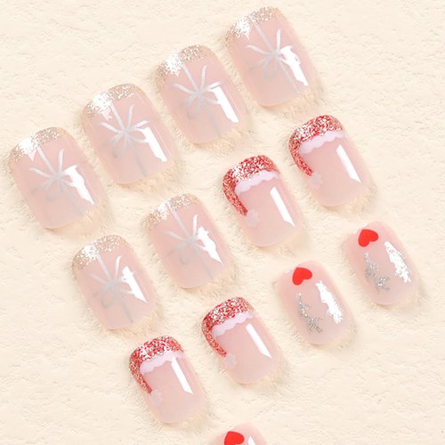 ROFIBUT Christmas Press on Nails Short Square Fake Nails Glossy French Tips Red Silver Glitter Design Christmas Glue on Nails Santa Hat Heart Reindeer Acrylic Glue on Nails for Women Girls 24Pcs