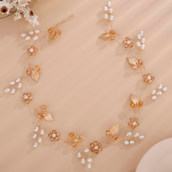 Rumtock Gold Leaves Headband for Wedding Brides Women Girls Handmade Pearl Crystal Flower Headpiece Jewelry