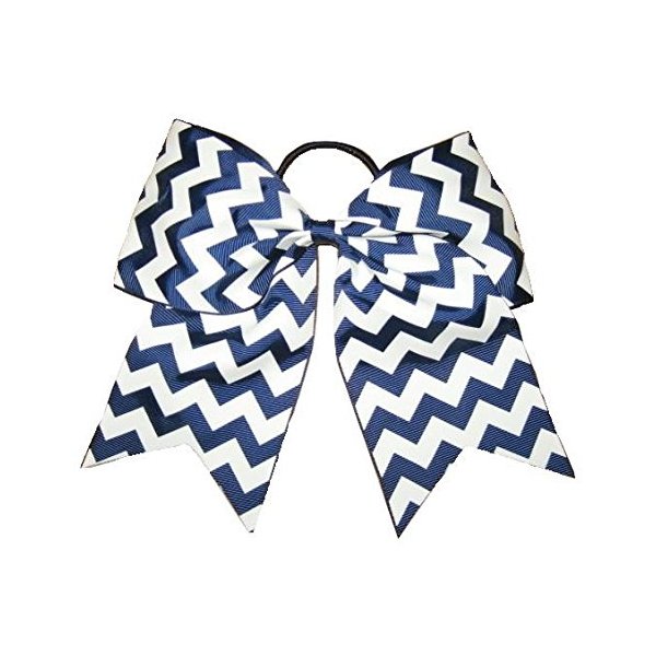 NEW "CHEVRON Navy Blue" Cheer Bow Pony Tail 7 Inch Girls Hair Bows Cheerleading Practice Football Games School Uniform Dance Hairbow Grosgrain Ribbon