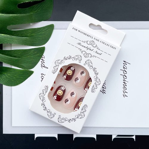 KOLONAMS Flower Press on Nails Short Almond Shape Brown Fake Nails Flowers Hearts Lattice Tai Chi Smiley Face Design Acrylic Artificail French False Nails Full Cover Glue on Nails for Women 24 Pcs
