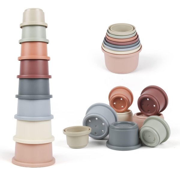 Baby Stacking Cups Bath Toy for Toddlers 1-3,8PCS Stackable Nesting Cups Water Pool Tub Toy for 6-12 Months Infant,Early Educational Develop Montessori Gift for 2-4 Years Old Boys Girls