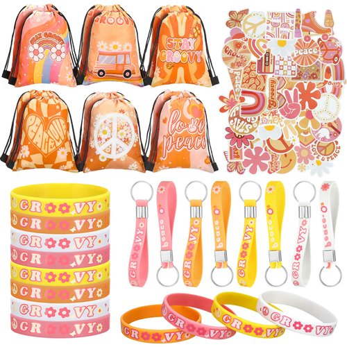 Honoson 86 Pcs Groovy Party Favors Boho Party Favors Includes 50 Groovy Stickers 12 Hippie Keychain 12 Daisy Rainbow Silicone Wristband 12 Colorful Retro Drawstring Bag for Birthday Decorations