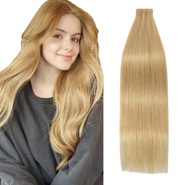 Tape in Hair Extensions Solid Color Honey Blonde 18 Inches 40g 20Pcs Double Sided Adhesive Tape Natural Silky Straight Invisible Seamless Skin Weft Skin Soft for Women #27