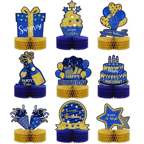 9 Pieces Blue Gold Birthday Table Decorations Happy Birthday Honeycomb Centerpieces Glitter Table Toppers, Blue and Gold Party Decorations for Kids Baby Shower, Men and Woman Birthday Supplies
