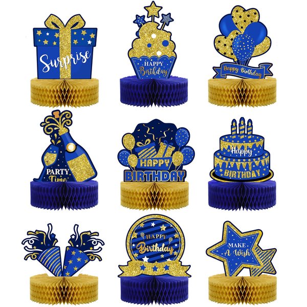 9 Pieces Blue Gold Birthday Table Decorations Happy Birthday Honeycomb Centerpieces Glitter Table Toppers, Blue and Gold Party Decorations for Kids Baby Shower, Men and Woman Birthday Supplies