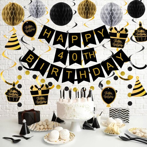 YEOCU 40th Birthday Decorations, Happy Birthday Banner with Honeycomb Balls, Gifts Hanging Swirl Streamers, Circle Dots Garland - Happy Birthday Party Decorations for Women Men (Black and Gold, 40th)
