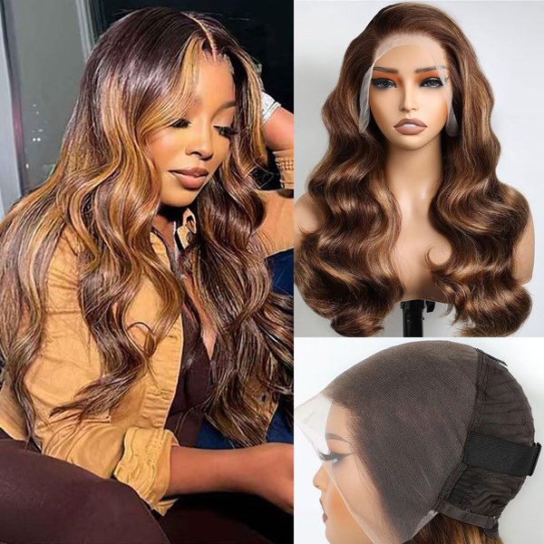 Lemoda Full 13x6 Highlight Body Wave Lace Frontal Human Hair Wigs 250% Density Medium-length Ombre P4/27 Piano Color Bob Wigs 12A HD Transparent Lace Wig For Women Pre Plucked Natural Hairline 16Inch