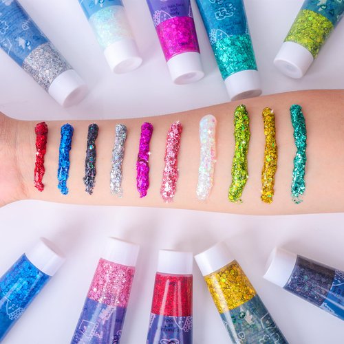 Body Glitter Face Glitter Gel Sparkles Makeup Singer Concerts Disco Halloween Festival Rave Accessories, 10 Colors Chunky Sequins Mermaid Sparkling Glitter Gel for Face Eyeshadow Hair Nails