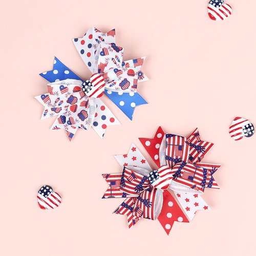 2PCS Independence Day Hair Bows Clips Patriotic Star Hairpin with Heart Grosgrain Ribbon Bowknot Boutique Alligator Hair Clips 4th of July Headwear Accessories for Kids Girls Women(Style A)