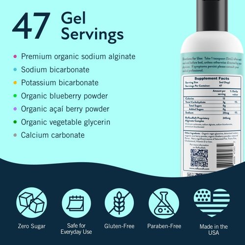 RefluxRaft Acid Reflux Therapy with Organic Alginate, Rapid & Long Lasting Gerd, LPR & Digestion Symptom Support, Zero Sugar, Gluten Free, Low Sodium, Berry Burst, 47 Gel Servings, 8 OZ Bottle, 2 Pack