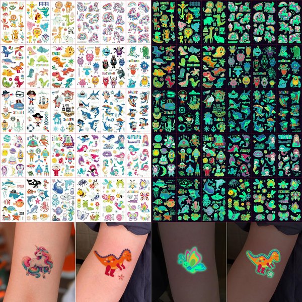400 Pcs Luminous Cartoon Temporary Tattoos for Kids,Dinosaur Mermaid Unicorn Animals Glow Tattoos Stickers,Glow In The Dark Glitter Tattoo for Boy Girls Fake Tattoo Stickers (Luminous Tattoos) 573