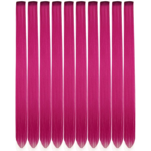 Hair Extensions Rose Pink Colored Clip in Hair Extensions Straight Synthetic Feather Colorful Hair Extensions for Kids Women Festival Party 22 inch