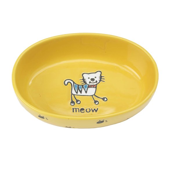 PetRageous 10300 Silly Kitty Oval Dishwasher Safe Stoneware Cat Bowl 6.5-Inch Long 4-Inch Wide 2-Inch Tall 2-Cups Capacity for Cats with Silly Kitty Logo in The Basin, Yellow