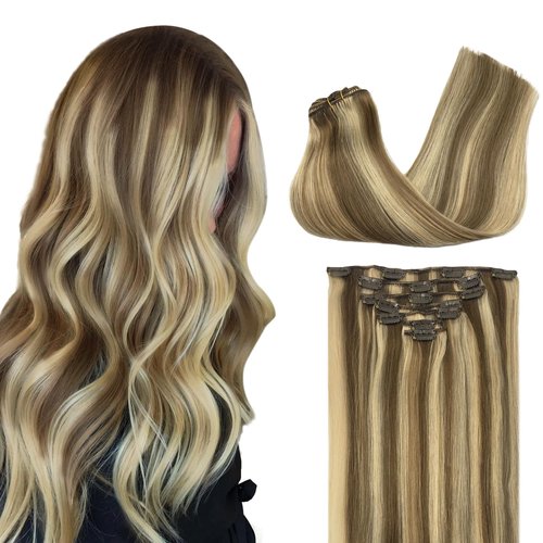 GOO GOO Clip in Hair Extensions Real Human Hair, 18inch 120g 7Pcs, 8A/22 Medium Brown Highlighted Golden Blonde, Remy Human Hair Extensions Clip ins for Women, Natural Human Hair