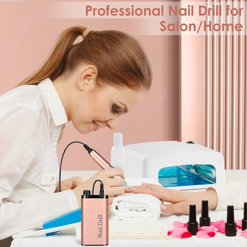 Electric Nail Drill Machine Portable Rechargeable 35000RPM Nail Drill for Acrylic Gel Nails, Manicure Pedicure Polishing Shape Tools for Home and Salon Use,Grey (Rose Gold)