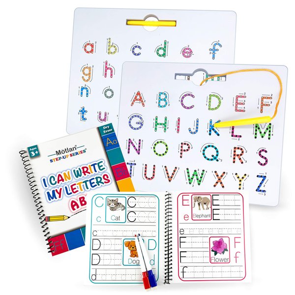 Motlan Magnetic Letter Writing Board (2 in 1)— Alphabet Letter Tracing Board for Kids— Uppercase and Lowercase ABC Letters Practice with Bonus Dry Erase Book and Markers