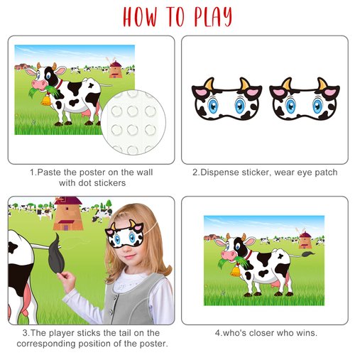 ASTARON Pin The Tail on The Cow Game with 30 Tail Stickers for Farm Birthday Supplies Pin Game, Boys Girls Animal Party Favors Christmas Decorations Home Wall Decor