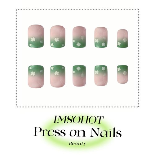 IMSOHOT St. Patrick's Day Press on Nails Square Short Fake Nails Green Shamrock Glitter Powder French False Nails Tip with Lucky Clover Design Full Cover Glossy Glue on Acrylic Nails of Women 24PCS