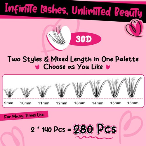 DIY Lash Extension Kit 280pcs Lash Clusters D Curl Eyelash Extension Kit Individual Lashes with Lash Bond and Seal Lash Remover Lash Applicator Easy to Apply at Home(30D-9-16mix Kit)