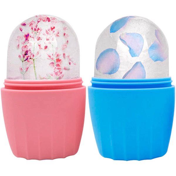 AECW Reusable Cube Silicone Mold Ice Roller for Face Cold Therapy Facial Massage Roller (Pink + Blue)