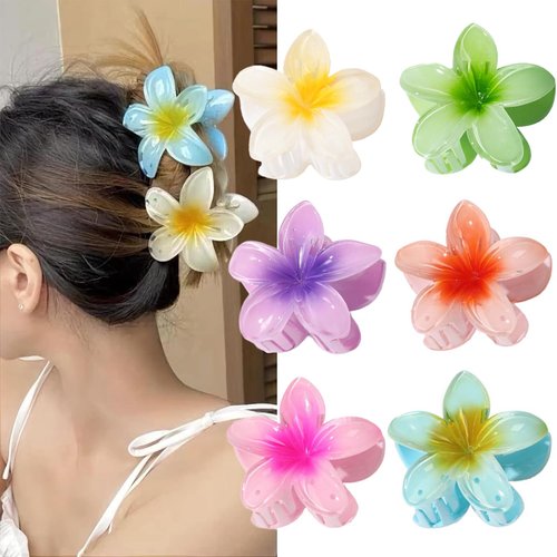Flower Hair Clip for Women, 6PCS Hawaiian Hair Claw Clips, Plumeria Claw Clips for Thick Hair & Thin Hair, Beach Tropical Preppy Hair Accessories for Girls