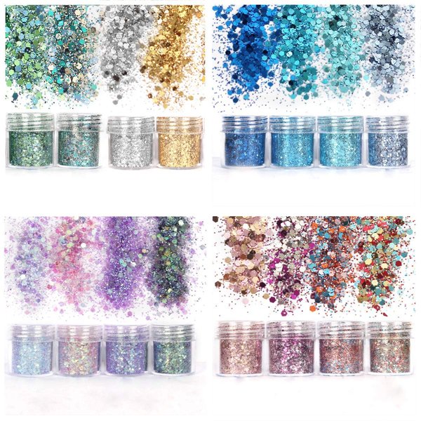 Aunifun Body Glitter 16 Colors Chunky Glitter for Body Face Hair Make Up Nail Art Mixed Color Glitter