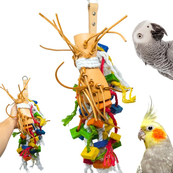 Bonka Bird Toys Leather Saddle Chew Forage Preen Parrot Cage Toy Birds, Macaws, Cockatoos, Conures, Quakers, Ringnecks, Amazons, African Greys and Similar Breeds (2630 Medium)