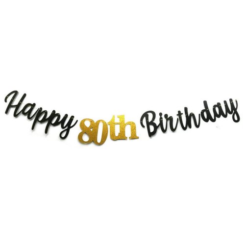 Double Sized Glitter Paper Black Happy 80th Birthday Banner Sign No DIY Gold Glitter 80 Years Birthday Party Decorations Supplies Anniversary Celebration Backdrop Pre-Assembled