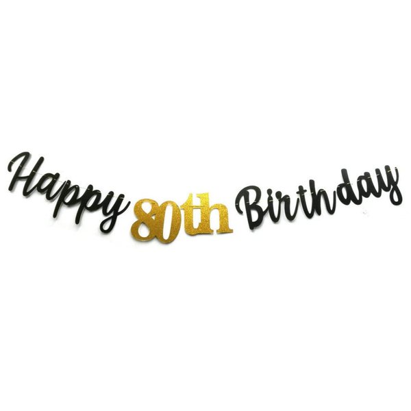 Double Sized Glitter Paper Black Happy 80th Birthday Banner Sign No DIY Gold Glitter 80 Years Birthday Party Decorations Supplies Anniversary Celebration Backdrop Pre-Assembled