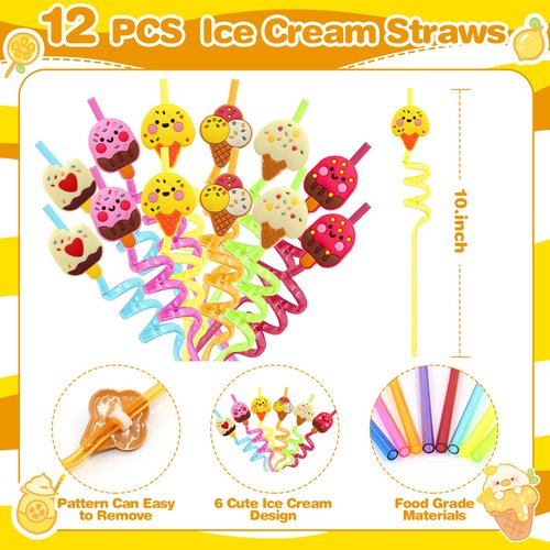 Moltby 110 PCS Ice Cream Party Favors - Ice Cream Slap Bracelets, Stamps, Tattoos Stickers, Keychains, and Drinking Straws for Kids Girls Sweet Summer Baby Shower
