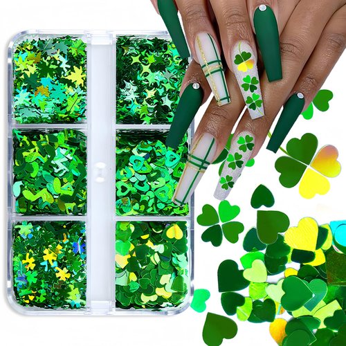St.Patrick’s Day Nail Art Glitters Sequins 3D Holographic Laser Shamrock Designs Nail Art Flakes Shiny Green Clover Nail Stickers Nail Supplies for Women Girls Acrylic DIY Manicure Decoration 6 Grids