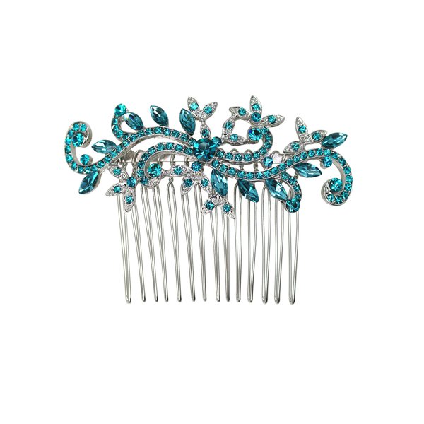 Faship Malibu Blue Teal Crystal Floral Hair Comb