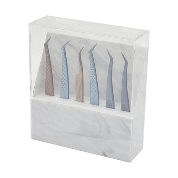 Tweezers Holder Shelf, Dust-proof Tweezer Stand, 8-Hole Acrylic Tweezers Display Stand, Storage Rack Eyelash Extension Tweezers Box with Dust Cover for Salon (Marble White-6 Hole)