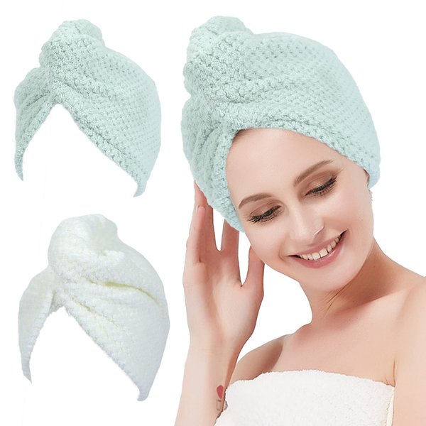 MaopaoBeauty 2 Pack Microfiber Towel for Hair Drying, Super Absorbent Hair Towels with Double Buttons, Hair Wrap Towels for Curly Hair, Wet Hair (Beige&Green)