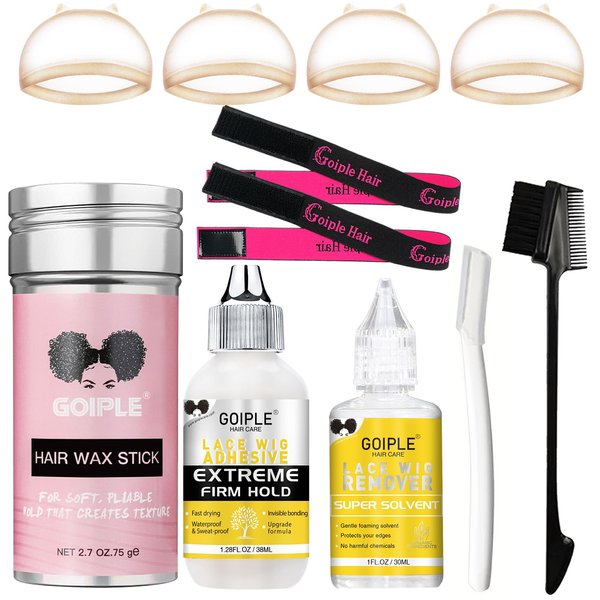 Lace Wig Glue Kit Lace Front Glue Kit for Wigs, Strong Hold Glue for Wigs and Hair Systems Invisible Bonding, Wig Adhesive Hair Glue, Wig Remover, Hair Wax Stick, Edge Band, Razor & HD Wig Cap