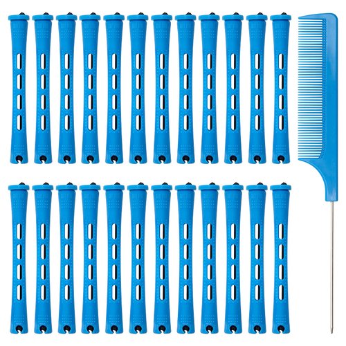60PCS Hair Perm Rods Set Coolrunner Cold Wave Curlers Perming Rods Plastic Curler Perm Rods with Steel Pintail Comb, DIY Hair Curler Styling Tools for Hairdressing Hair (0.9cm, Blue) (0.9CM) (Blue)