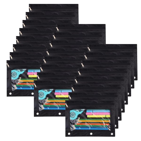 YoeeJob Pencil Pouch for 3 Ring Binder, Binder Pouches with Zipper Bulk, Pen Holder Case with Clear Window School Class Office Organizers, 24 Pack, Black