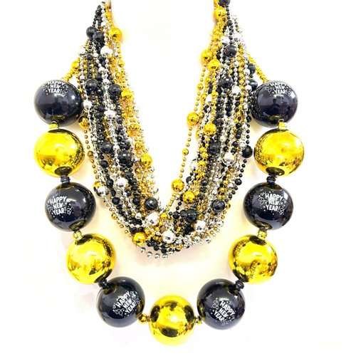 GZYSSL 49 Pcs Happy New Year Beads Necklaces Black Gold Silver New Year Eve Jumbo Beads Necklaces Happy New Year Eve Party Favors Decorations Accessories