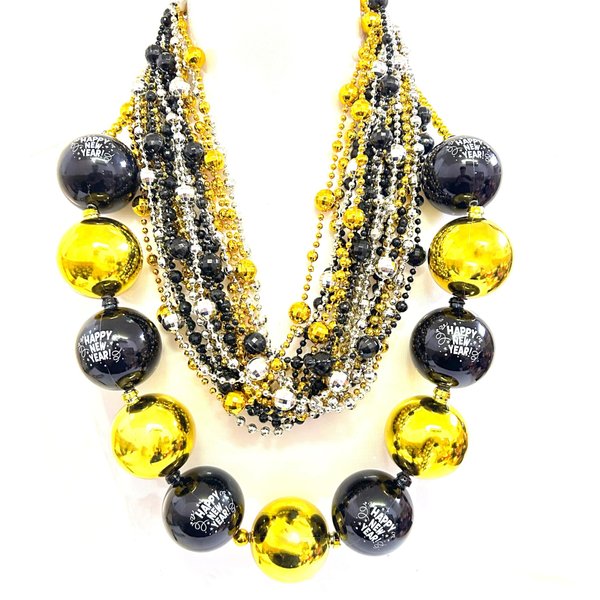 GZYSSL 49 Pcs Happy New Year Beads Necklaces Black Gold Silver New Year Eve Jumbo Beads Necklaces Happy New Year Eve Party Favors Decorations Accessories